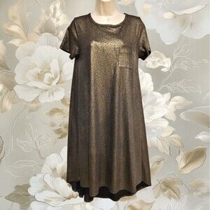 LuLaRoe Elegant Dress Carly Metallic Shimmer Black Gold Midi
